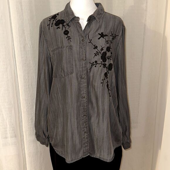 beachlunchlounge L Lyocell Gray Black Embroidered Button Down Casual Shirt - Picture 3 of 14